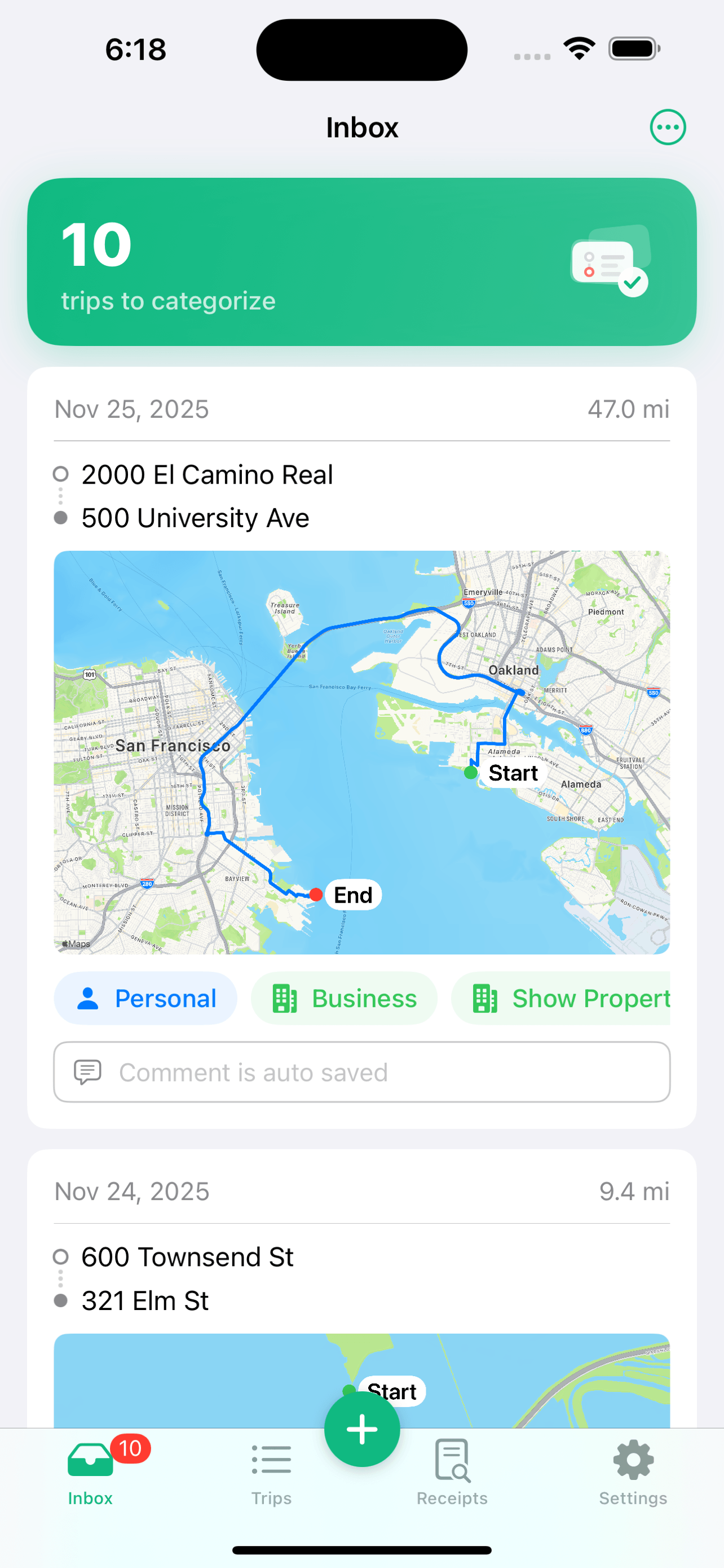 App interface showing tracked mileage and tax deductions dashboard